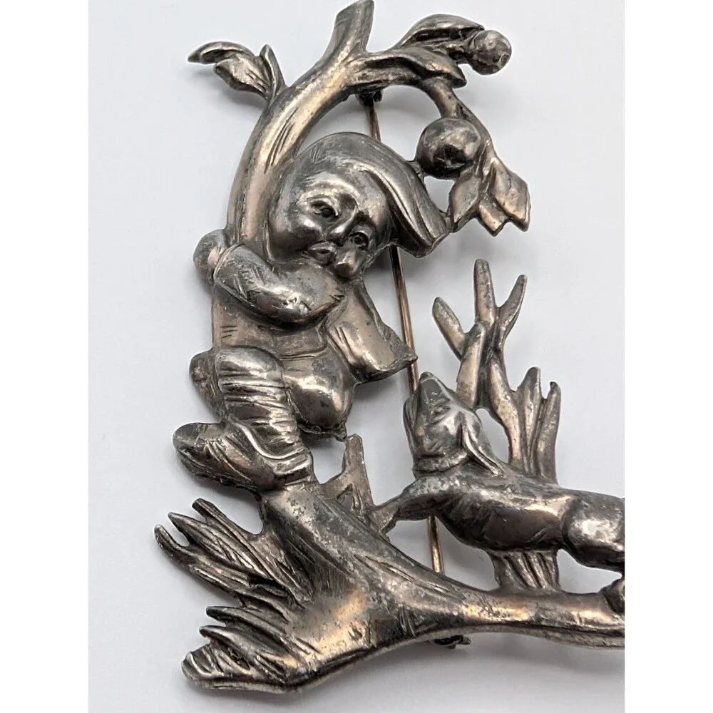 HTF Rare 1940s Pewter Silson William Regelmann Hummel Dog Chasing Boy Pin Brooch